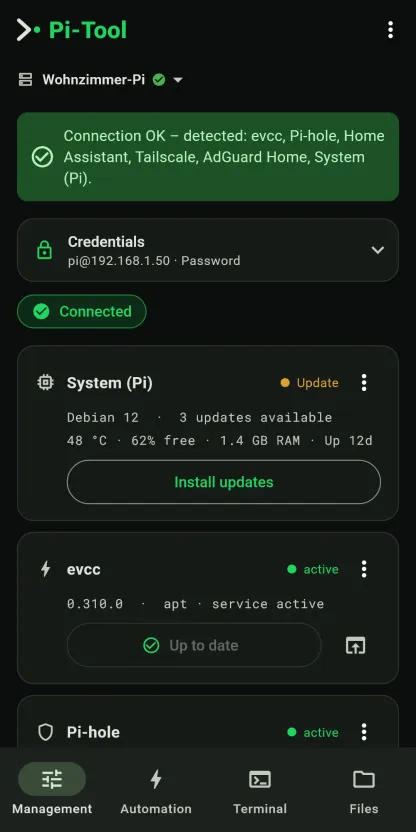 Pi-Tool cockpit with detected services: system, evcc, Pi-hole