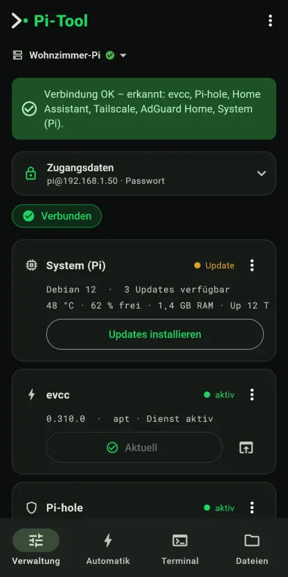 Pi-Tool Cockpit mit erkannten Diensten: System, evcc, Pi-hole