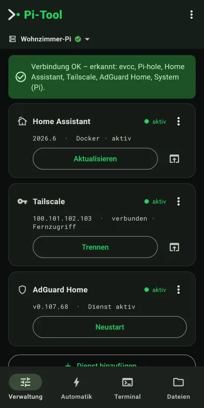 Dienst-Karten für Home Assistant, Tailscale und AdGuard Home