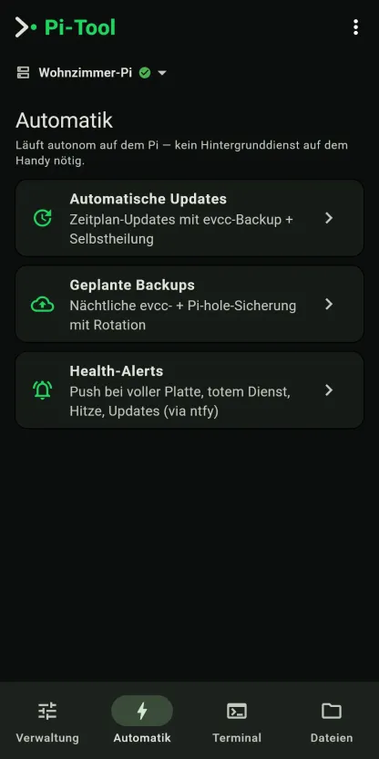 Automatik-Tab mit geplanten Updates, Backups und Health-Alerts