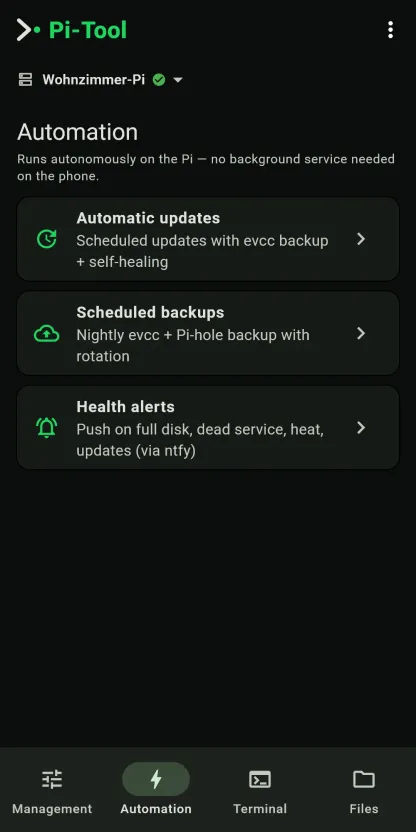 Automation tab with scheduled updates, backups and health alerts