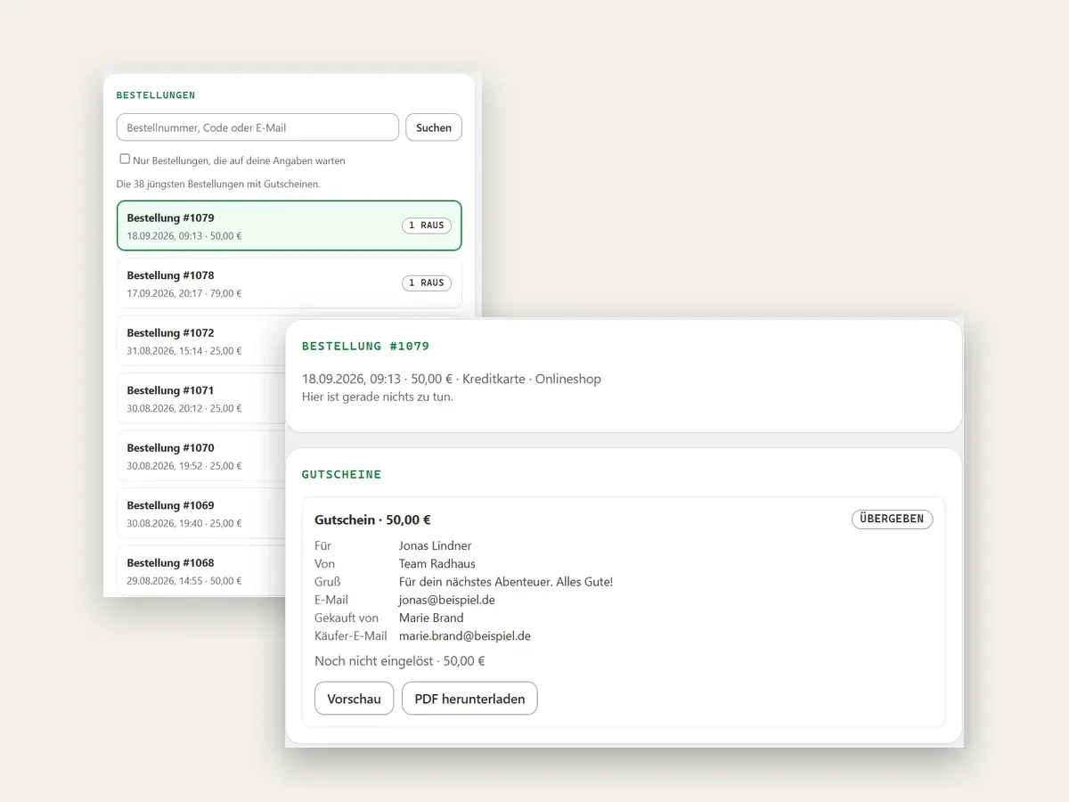 Bestellliste in Kartuu mit Suchfeld, daneben eine geöffnete Bestellung mit Empfänger, Absender, Gruß, Käufer und Einlösestand sowie den Knöpfen „Vorschau“ und „PDF herunterladen“
