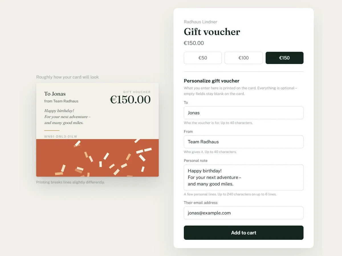 Mock-up of a shop’s product page with amount buttons and the Kartuu form for recipient, sender, message and the recipient’s email, next to it the preview of the card with the names, the message and the chosen amount