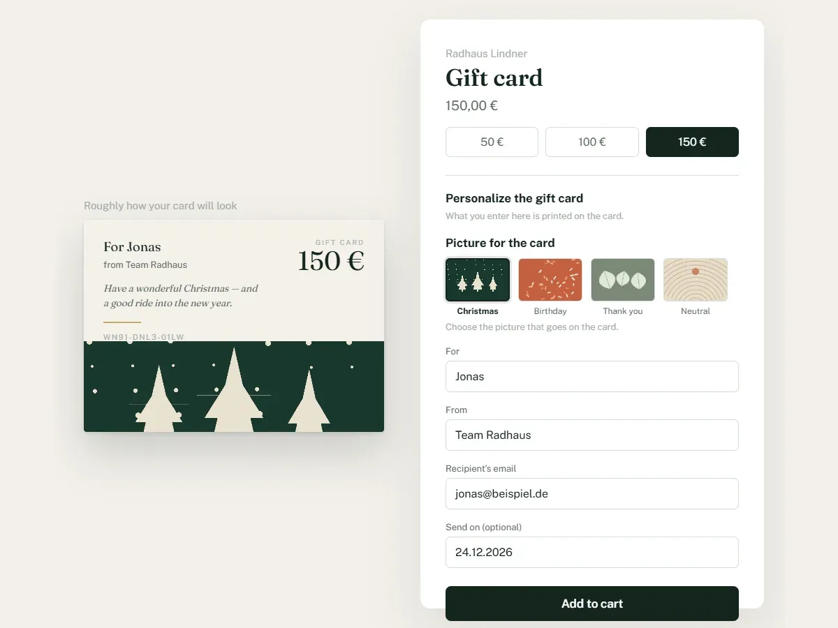 Mock-up of a made-up bike shop’s product page: four picture tiles to choose from (Christmas, Birthday, Thank you, Neutral), next to it the preview of the gift card carrying the Christmas artwork