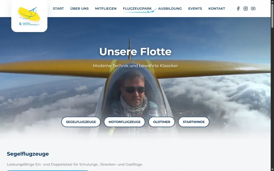 Screenshot der Seite segelfliegenaltdorf.de/flugzeugpark