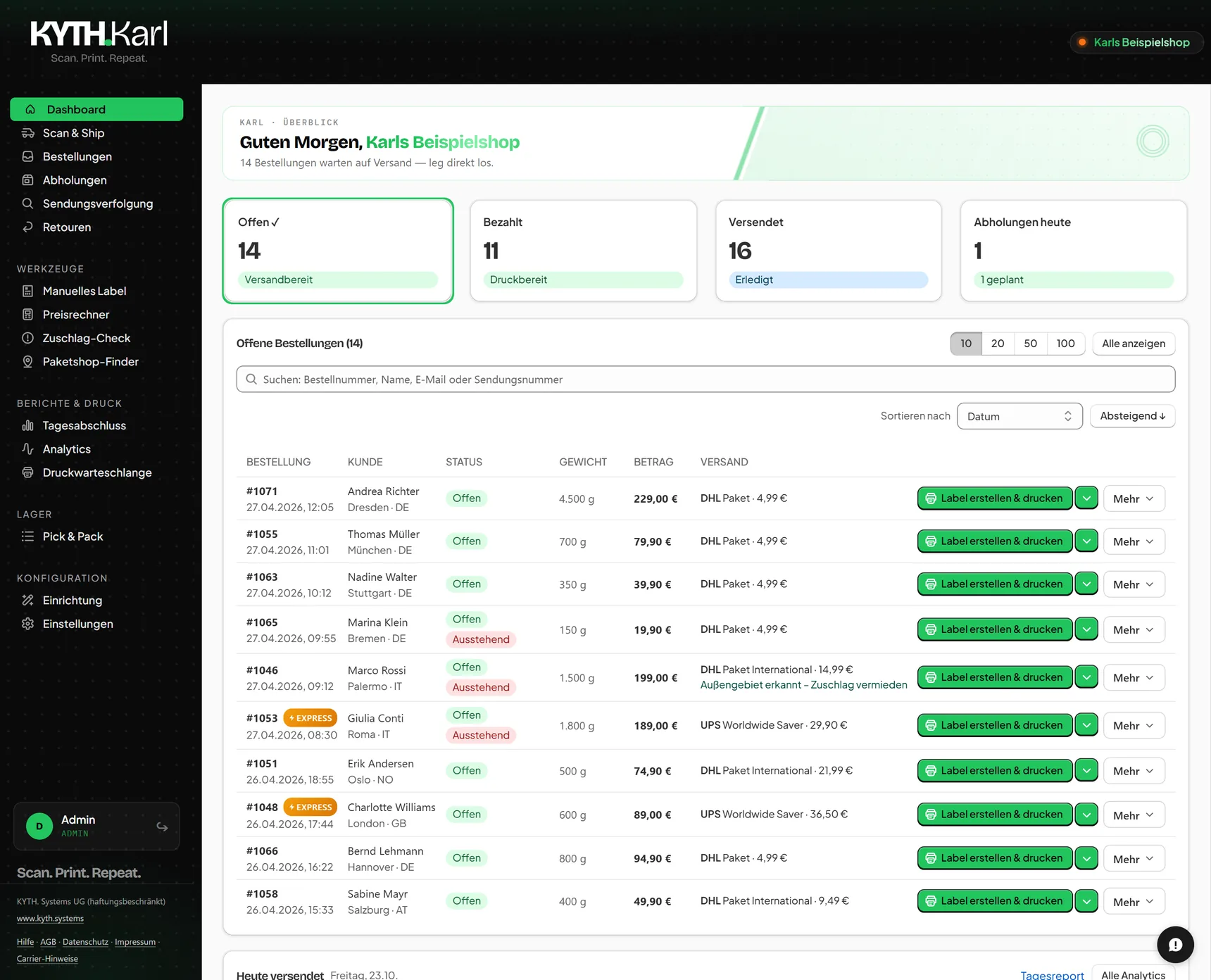 Karl, Dashboard mit offenen Bestellungen und dem Versand je Bestellung