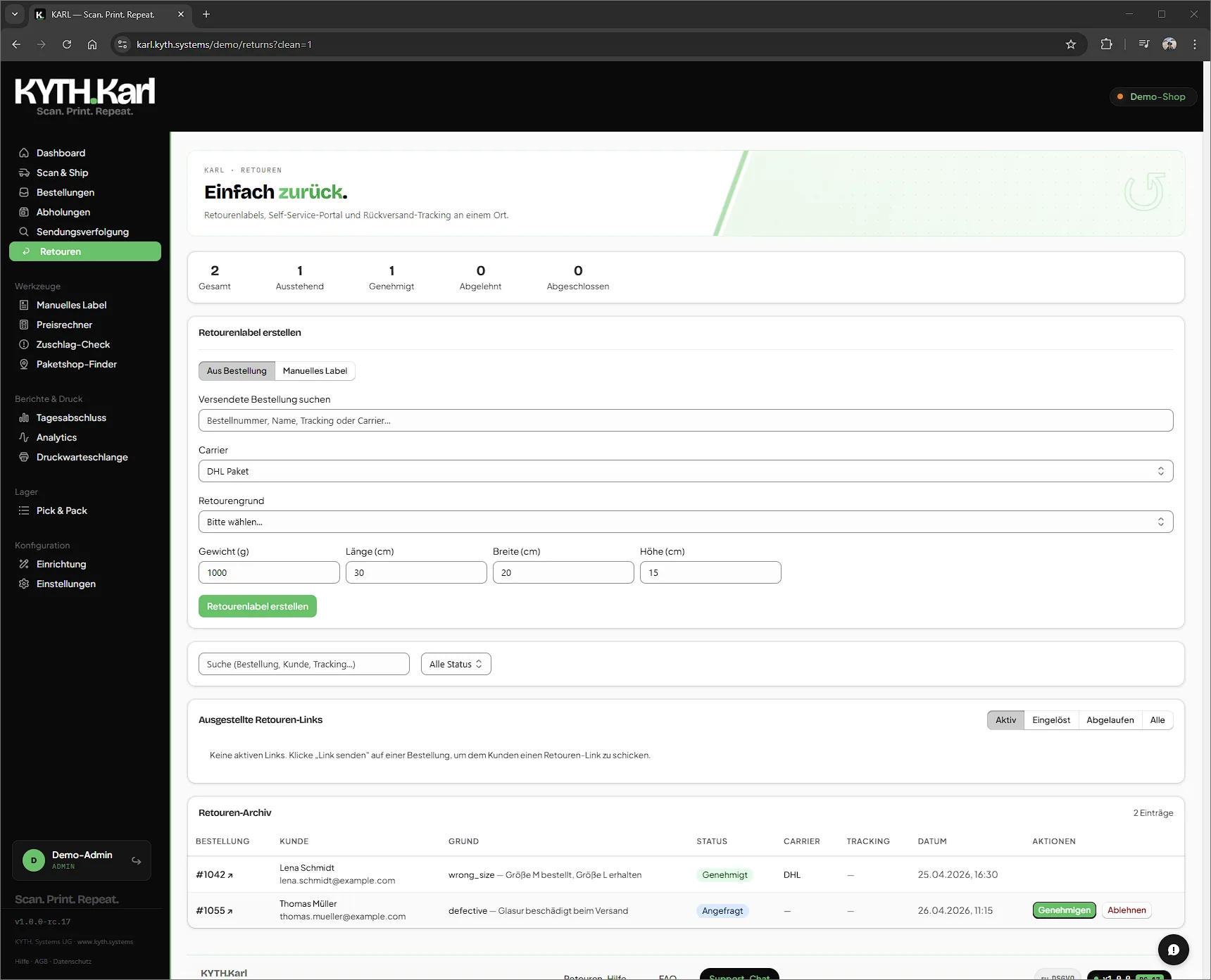 KYTH.Karl: Retouren: Retouren-Portal mit deinem Branding.